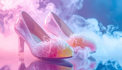 A pair of shoes made of sugar glass and spun sweets, standing on a mirrored floor.