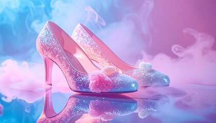 A pair of shoes made of sugar glass and spun sweets, standing on a mirrored floor.