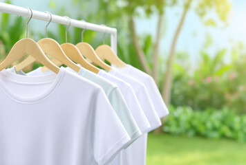 white t-shirts hanging on wooden hangers outdoors in the garden