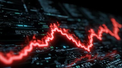 Futuristic digital circuit board with a glowing red stock market graph showing fluctuations. - Powered by Adobe