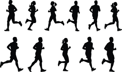 Running people silhouettes set, male and female joggers in motion, fitness exercise vector illustration