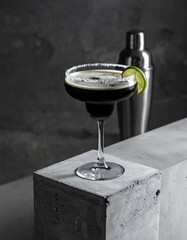 A black margarita cocktail with a salted rim and a lime wedge, placed on a concrete cube. The background is dark, creating a sleek and modern atmosphere.