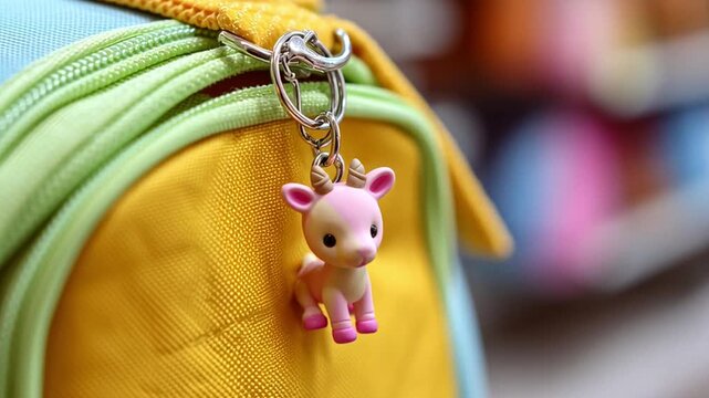 A keychain featuring a small deer charm is attached to a bright yellow bag. The background shows a lively shopping area with various colors and people.