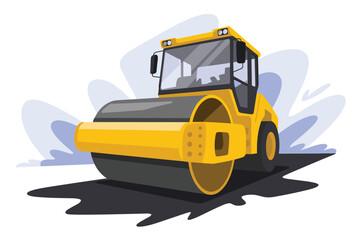 Yellow Road Roller Compacting Asphalt Road, road construction concept