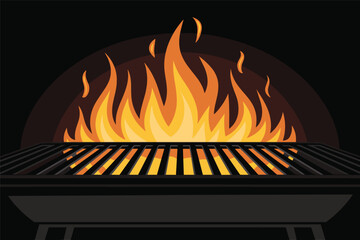 Hot Barbecue Grill with Intense Flames, fire cooking concept