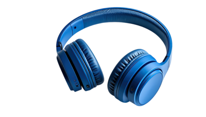 Close-up of modern over-ear headphones, a vibrant shade of blue, against a dark backdrop