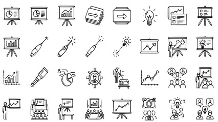 Collection of hand-drawn doodle icons representing business presentations, data analysis, idea generation, and meeting concepts for professional use.