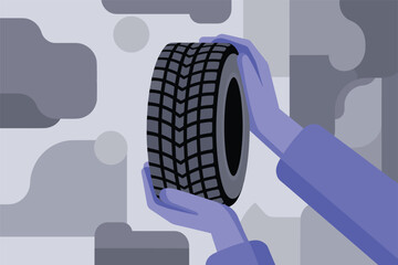 Hands Holding a Car Tire in Flat Design, automotive service concept