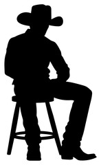 Cowboy Silhouette Sitting on Bar Stool with Western Hat, Isolated on Transparent Background