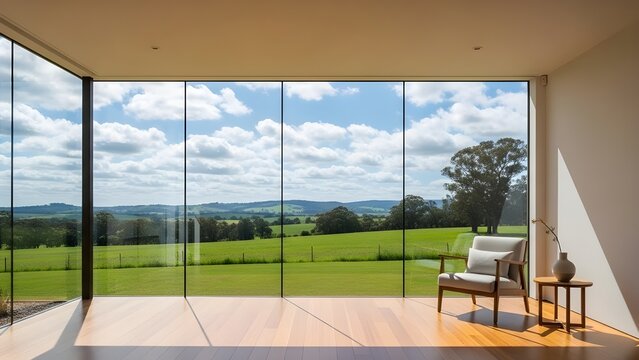 3 ventanas blancas con un cielo despejado y un paisaje verde afuera, una ventana panor&aacute;mica con vidrio de piso a techo, un cielo azul con nubes blancas, sol brillante, monta&ntilde;as distantes, un paisaje n
