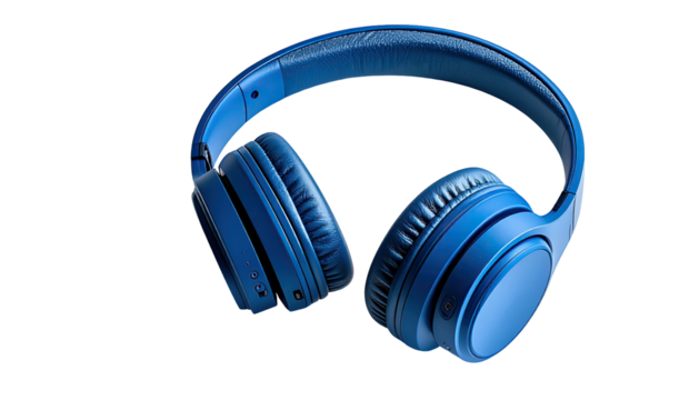 Close-up of modern over-ear headphones, a vibrant shade of blue, against a dark backdrop - Powered by Adobe