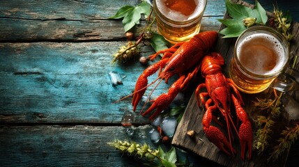 Two glasses of beer sit beside cooked crawfish on a wooden board with green leaves and herbs capturing a casual gathering with friends in the afternoon light.