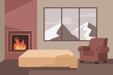 Cozy Living Room with Fireplace and Mountain View, home comfort concept