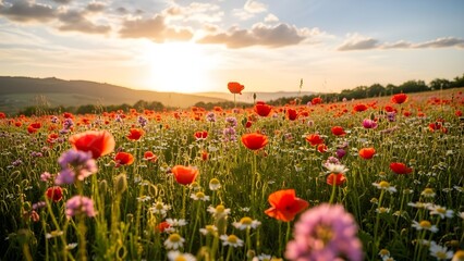 Prado de primavera con flores de amapola roja.
 Ilustraci&oacute;n plana de libros infantiles con un campo de flores en flor.
 Banner plano panor&aacute;mico con paisaje natural de verano con espacio para copiar.