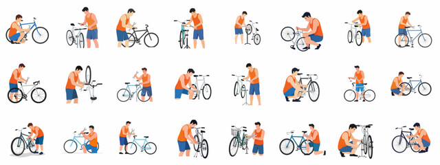 Man performing various bicycle repair and maintenance tasks set. Collection of flat illustrations depicting bike mechanic fixing bike components with tools.