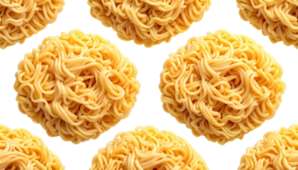 Close-up of multiple uncooked, circular, golden-yellow noodle nests against a black background