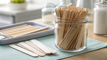 Jar of tongue depressors ready for medical examination use