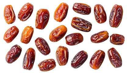 Close-up of numerous dates against a black backdrop, showcasing their textured skin and vibrant colors