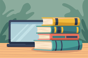 Online Learning and Traditional Books for Study, digital education concept