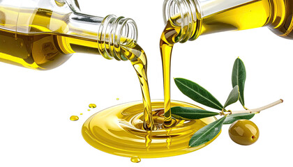 Close-up of olive oil pouring from bottles with olives and leaves on a black background
