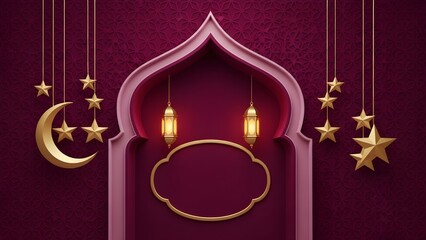 Elegant Islamic arch with hanging lanterns and stars