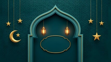 Elegant Islamic archway with golden lanterns and crescent moon