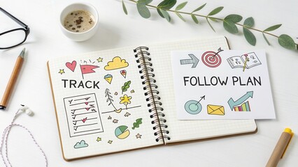 Open notebook with checklist doodles for tracking and following goals