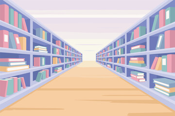 Long Library Aisle with Bookshelves, knowledge archive concept