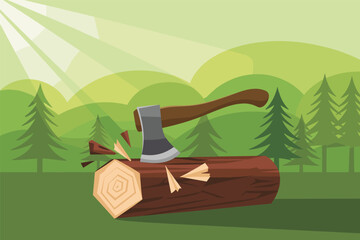 Axe Chopping Wood Log in a Green Forest Landscape, manual labor concept