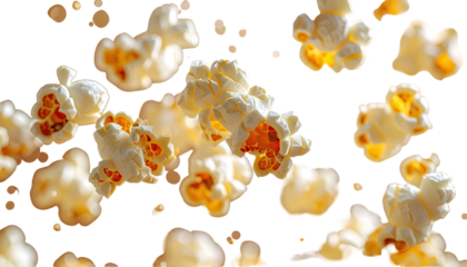 Close-up of popped kernels, golden and white, floating against a solid black backdrop