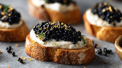 Caviar toast photographed with intentional crumbs scattered, lifestyle imperfection, neutral tabletop