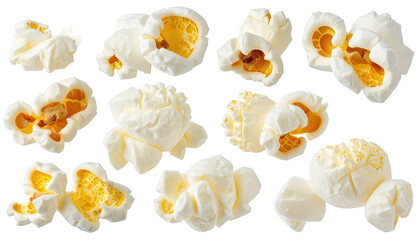 Close-up of popped kernels, showing fluffy white puffs with yellow centers, against a black backdrop