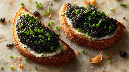 Caviar toast photographed with intentional crumbs scattered, lifestyle imperfection, neutral tabletop