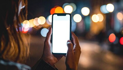 Person holding glowing smartphone with blank screen in the night