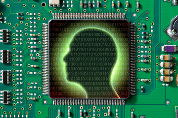 ARTIFICIAL INTELLIGENCE CONCEPT WITH HUMAN PROFILE ON COMPUTER CHIP - Digital brain and binary code on a circuit board illustrating AI, neural networks, and machine learning technology