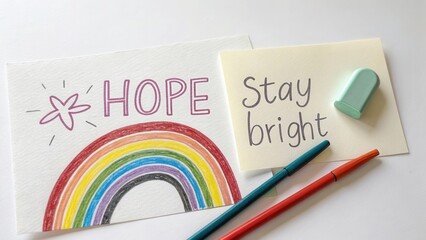 Rainbow drawing on white paper showing the message Hope