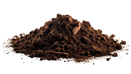 Close-up of rich, dark brown soil, a natural pile against a transparent black backdrop