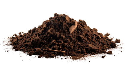 Close-up of rich, dark brown soil, a natural pile against a transparent black backdrop