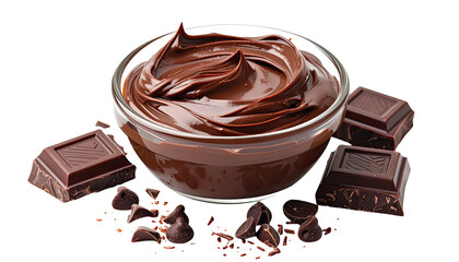 Close-up of rich, chocolate spread in a glass bowl, with pieces of dark chocolate