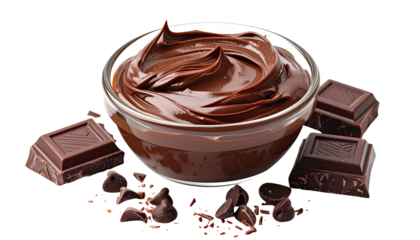 Close-up of rich, chocolate spread in a glass bowl, with pieces of dark chocolate