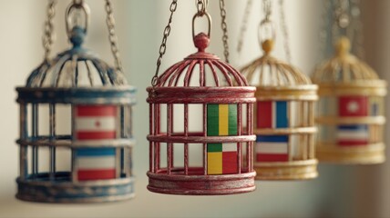Collection of Birdcages with Flags: Symbolizing National Identity, Travel Souvenirs, Cultural Diversity and International Relations