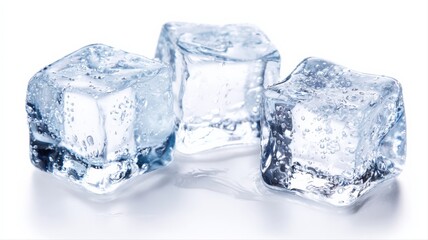 Three Clear Ice Cubes Melting on a White Surface, Perfect for Summer Refreshment