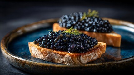 Caviar toast plated on hand-thrown ceramic, artisan imperfection aesthetic