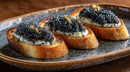 Caviar toast plated on hand-thrown ceramic, artisan imperfection aesthetic