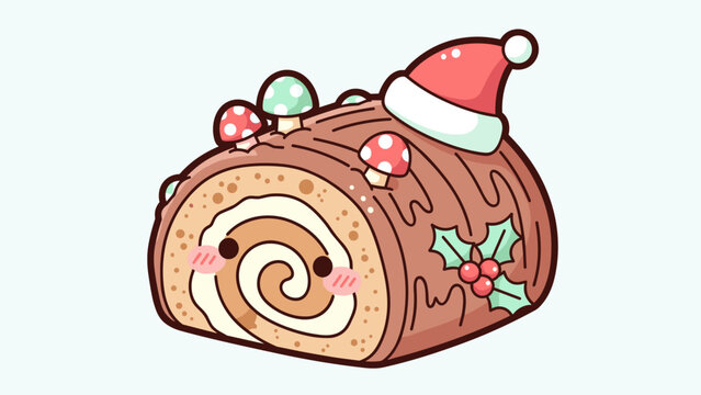 Adorable Christmas Yule Log Cake Illustration with Cute Eyes, Santa Hat, and Fungi Decorations for Holiday Baking, Festive Desserts, and Seasonal Food Designs, Creating Cheerful