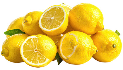 Close-up of ripe lemons, some sliced, on a dark background