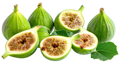 Close-up of ripe green figs, some whole and others sliced, revealing the inner textures