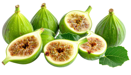 Close-up of ripe green figs, some whole and others sliced, revealing the inner textures