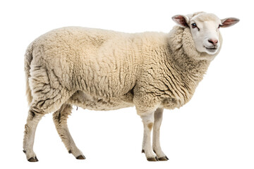 Obraz premium Realistic farm sheep, full body, standing pose, neutral natural position, realistic proportions, clean detailed wool texture, soft studio lighting, eye level view, centered composition, isolated on tr