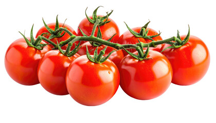 Close-up of ripe, red tomatoes on a green vine, arranged in a visually appealing cluster